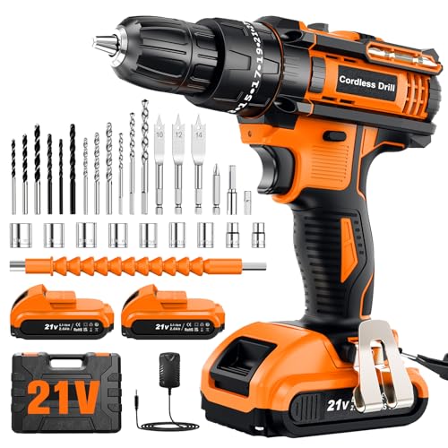 Broca Percutor a bateria 21 V, broca parafuso bateria com 2 x 2,0 Ah baterias, parafuso elétrico 42 Nm, ajuste de par de 25 + 3, 30 acessórios, 2 velocidades, luz LED para casa, bricolage