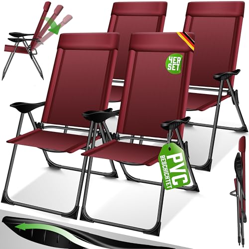 KESSER® Conjunto de 4 cadeiras de jardim dobráveis de alumínio com encosto alto ajustável 7 posições, apoio de braços respiráveis, portáteis, cadeira de campismo para jardim e terraço, bordeaux