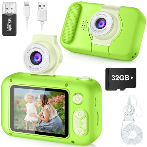 ARNSSIEN Câmara com fotos infantis, câmara de fotos para crianças com lente de 180°Flip e ecrã IPS 2,4 polegadas, brinquedo de aniversário para meninos e meninas de 3-12 anos, cartão de 32 GB, X101