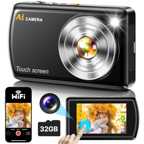 AI Inteligência câmara digital, 1080P Autofocus câmara de fotos com Wi-Fi, câmara fotográfica com ecrã táctil IPS de 3,6, câmara digital com memória micro de 32G para crianças, adultos, iniciantes