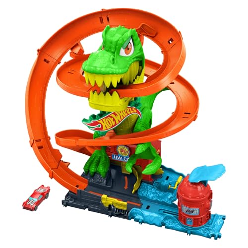 Hot Wheels Conjunto de pista de batalha em chamas T-Rex, conjunto de jogo com pista e camião de bombeiros metálico de brinquedo em escala 1:64, 45,72 cm de altura, resultados de corrida diferentes,