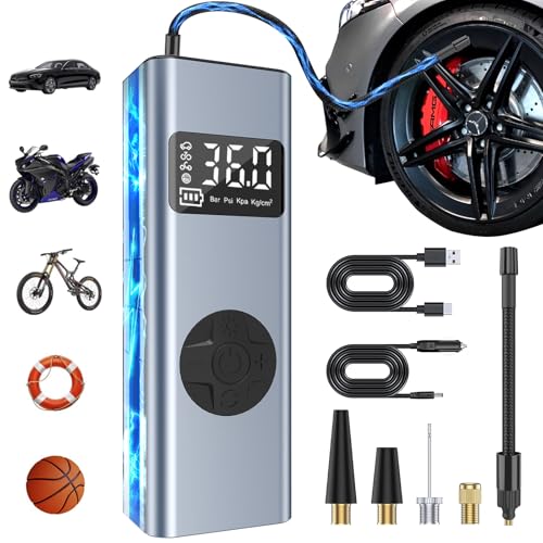 Compressor de ar portátil, HYCHIKA 150PSI compressor de ar carro com bateria recarregável de 6000 mAh luz LED e banco de energia mini compressor de ar portátil para carro bicicleta moto bola