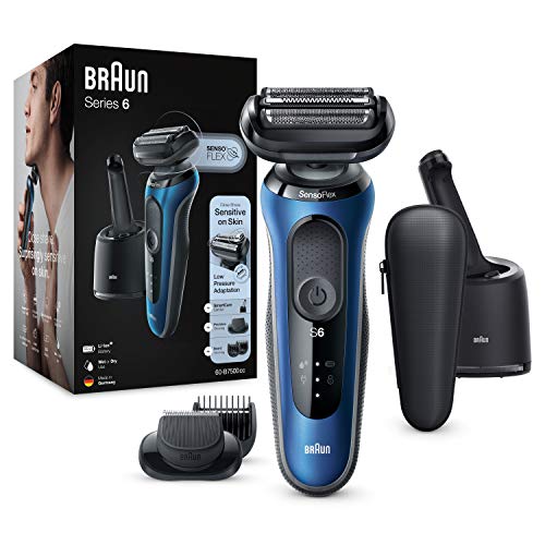 Braun Série 6 máquina de barbear elétrica para homem, máquina de barbear barba, aparador de precisão, cabeça SensoFlex, base de carregamento, centro de limpeza, resistente à água, sem fios, 60-B7500