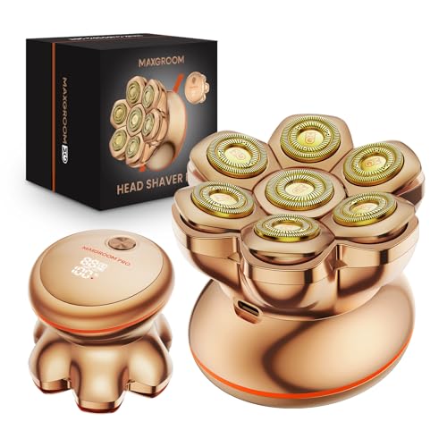 MAXGROOM Máquina de barbear para homem PRO, máquina de barbear para homem, máquina de barbear em seco e húmido, 140 m de uso, 7 cabeças, magnético, 100% impermeável, cor dourada
