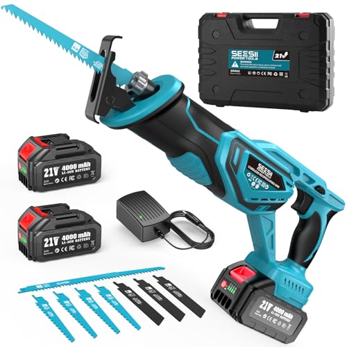 SEESII Serra sabre, serra alternativa de 2 baterias 21 V 4,0 Ah, motor sem escovas 3300 RPM, 8 lâminas para madeira, metal, PVC, obra e jardim