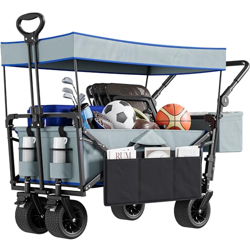 YITAHOME Carrinho dobrável com toldo, carrinho de praia com pega e 2 porta-copos, grande capacidade 220 lbs, carrinho de campismo com rodas reforçadas para jardim/praia/piquenique (cinzento)