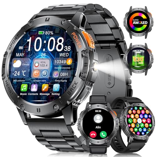 LIGE Relógio inteligente homem com lanterna LED, 3 cintos, 530 mAh, 1,43" AMOLED Smartwatch para Android iOS, 5ATM impermeável, chamadas Bluetooth, 24H frequência cardíaca, 300 Watch Faces Smart Watch