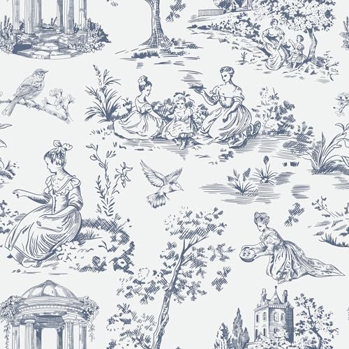 ReWallpaper Papel de parede azul e branco vinil autocolante móveis cozinha estampado paisagem papel de parede Toile de Jouy branco papel autocolante para móveis forrar portas armários 44,5 cm × 3 m