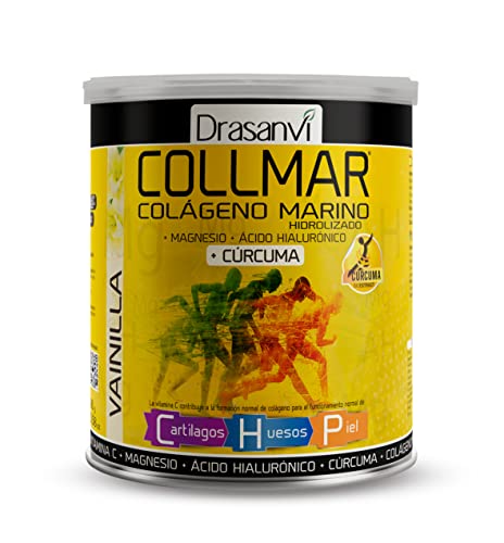 Drasanvi COLLMAR Colágeno marinho hidrolizado açafrão com magnésio, vitamina C, ácido hialurónico para bem-estar das articulações e muscular. Máx. assimilação 9,355 mg/dia | 300 g de pó | sabor