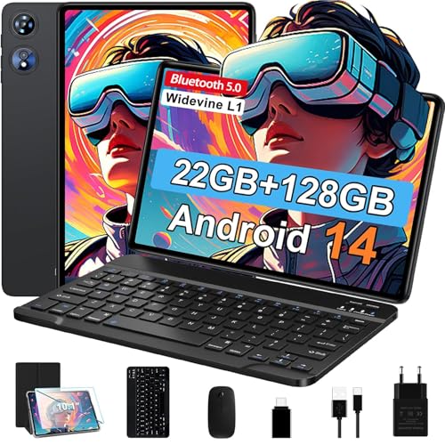 Tablet de 10 polegadas Android 14 Octa-Core 2,0 GHz, 22 GB RAM 128 GB ROM (TF 1TB), Widevine L1, GMS, 5G WiFi, Bluetooth 5, 8000 mAh, 5 MP+8 MP, 12800, 2020202. 20 Novo est Tablet com teclado e rato,