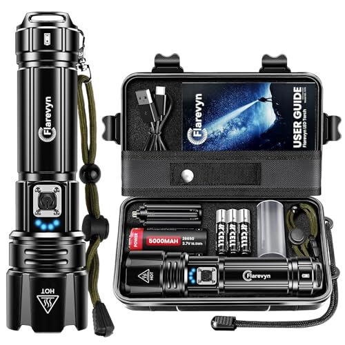 Flarevyn Lanternas LED de alta potência, 50 0000 lúmens lanterna LED recarregável, bateria de 5000 Mah, IP67 impermeável 5 modos portátil lanternas potente, para campismo/caminhadas ao ar livre