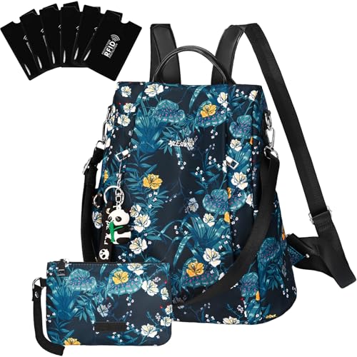 Eshow Mochila anti-roubo para mulheres e meninas, pode ser como mala de ombro ou mala de ombro, adequada para viagens escola compras e trabalho, Azul noite - floral, L
