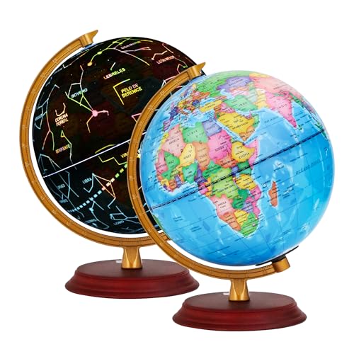 EXERZ Globo terrestre iluminado 20 cm, mapa em espanhol, político (dia) e constelações de estrelas (noite) - base de madeira, candeeiro LED
