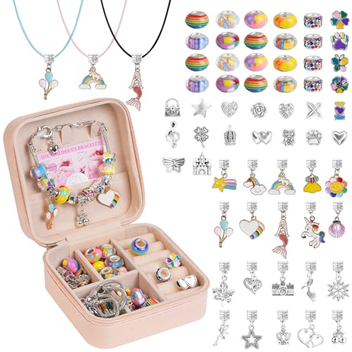 AUAUY Kit para fazer pulseiras meninas, 66 peças de cor fazer pulseiras para meninas com caixa, presente menina 5 6 7 8 9 10 11 12 anos missangas para fazer pulseiras, artesanato brinquedos menina 7 8