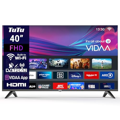 TuTu TUV40FQ1 Smart TV 40 polegadas WiFi FHD TV com ecrã LED, WLAN, App Store, sintonizador digital, Prime Video, Netflix, Youtube, DAZN, Disney+, Pluto TV e muito mais