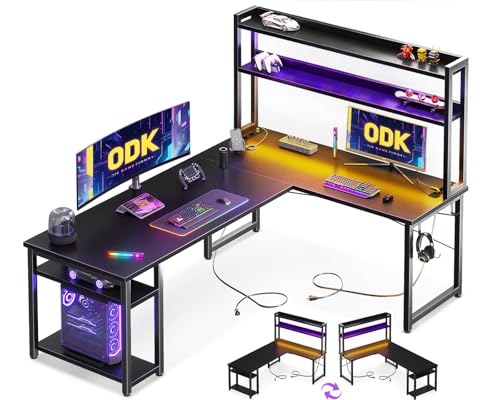 ODK Mesa de jogos com LED, 168 × 120 cm, secretária com prateleira reversível, mesa em L com tomadas e portas USB, mesa Gaming preta com compartimentos e armazenamento