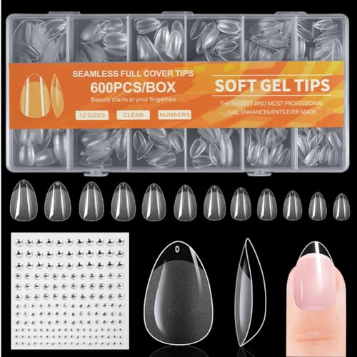 BUTBU 600 Peças unhas Postiza amêndoa, 12 tamanhos dicas unhas transparentes, dicas unhas curtas, unhas de gel Nail Tips cobertura total para unhas de unhas, manicure DIY