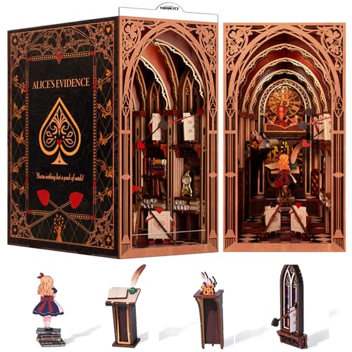 MiniCity Book Nook Kit, kit de canto de livros DIY, puzzle de madeira 3D para inserir em prateleiras de livros, conjunto de modelos com luzes LED (Alice in Wonderland)