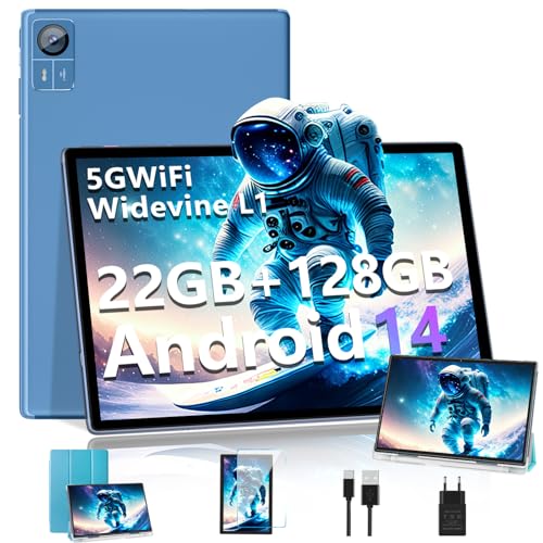 SUAAT Tablet 2025 Newest Android 14 tablet de 10 polegadas 22 GB RAM+128 GB ROM/1TB TF, Octa-Core, WiFi 5G, Bluetooth 5.0, 8000 mAh, GMS certificado, 8 MP + 5 MP, tablet PC com Capa - A Azul
