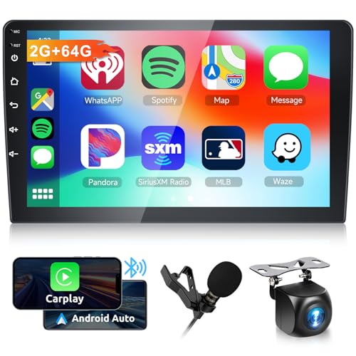 Hodozzy 9 polegadas 2G 64G Android rádio de carro 2 DIN Carplay sem fios Android auto, Bluetooth 2 DIN ecrã carro Mirror Link, AHD câmara, FM/RDS rádio, GPS, WiFi/USB/controlo do volante