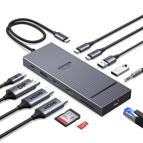 UGREEN Revodok Pro 3121 10 Gbps Hub USB C duplo HDMI 4K60Hz DisplayPort 4K120Hz 12 em 1 Docking Station USB C PD 100 W adaptador Ethernet leitor de cartão SD TF Jack 3,5 mm