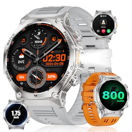 LIGE Relógio inteligente para homem, 1,75" HD Smartwatch com 800 mAh/mais de 30 dias em espera / LED lanterna, chamadas Bluetooth, IP68, 114 modos desportivos para Android iOS, EF15-F