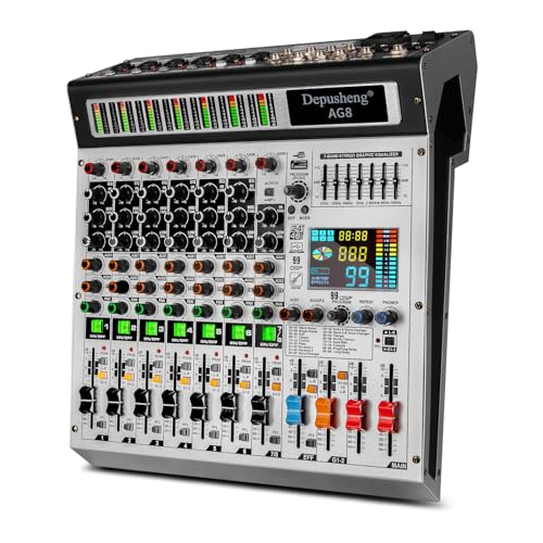 Depusheng AG8 Misturador de áudio profissional de 8 canais com reprodutor de MP3, gravação USB, com 2 interfaces AUX, efeito 99 DSP adequado para profissionais e principiantes