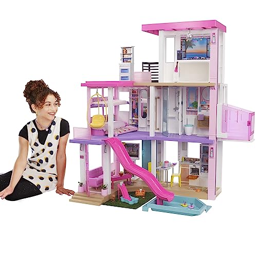 Barbie Casa de bonecas Dreamhouse - com piscina, escorrega e elevador - luzes e som - 75 peças - 104 x 109 cm - presente para crianças dos 3 aos 7 anos, GRG93
