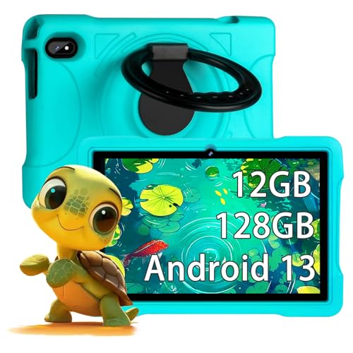 fezawio Tablet infantil Android 13, tablet de 10 polegadas, 12 GB RAM 128 GB ROM (TF 512 GB), Oitavo núcleo, controlo parental, educação infantil, WiFi 5G, câmara dupla, baixa eva, verde