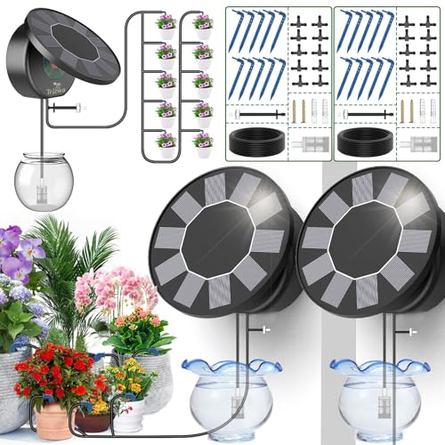 TRJZWA Sistema de rega solar para jardim, kit solar de irrigação por gotejamento automático Two Pack com 9 programas de rega mangueira de 15 m para jardim/plantas de varanda