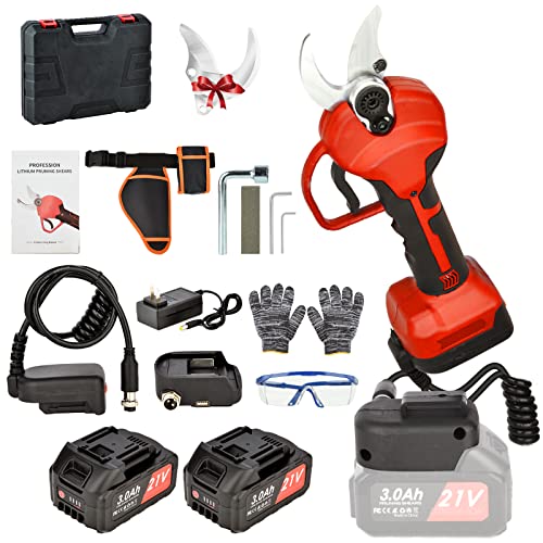 Vothen Tesouras de podar elétricas de 40 mm - tesouras de podar elétricas progressivas com 2 baterias de 21 V/3000 mAh, tesouras de podar sem fios para jardinagem (vermelhas)