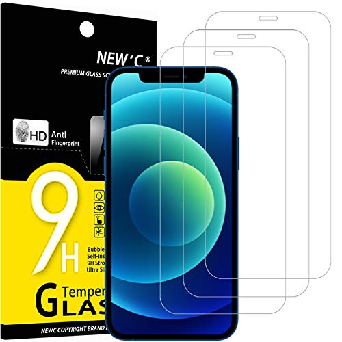 NEW'C 3 peças, protetor de ecrã para iPhone 12, iPhone 12 Pro (6,1 polegadas), vidro temperado anti-riscos, anti-impressões digitais, sem bolhas, dureza 9H, 0,33 mm ultra transparente, ultra