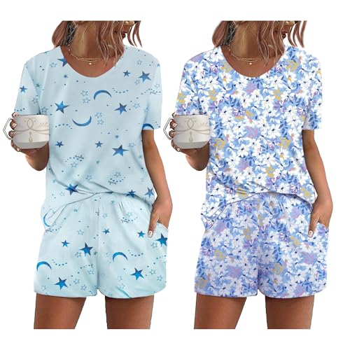 Ekouaer 2 Pacotes de pijama para mulher, manga curta, verão, bonito estampado redondo