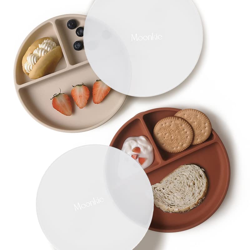 Moonkie Pratos de sucção para bebés e crianças pequenas, pratos divididos de silicone sem BPA com tampa, adequados para micro-ondas e lava-loiças, 2 pacotes (Shifting Sand/Croissant)