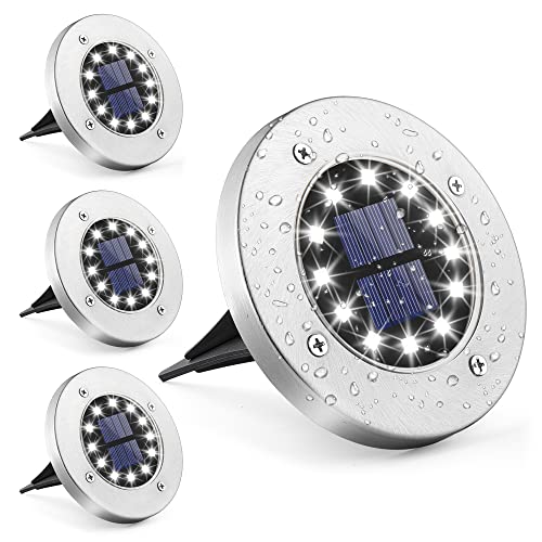 GIGALUMI Luzes solares para jardim, 12 LEDs, pacote com 4 unidades, para exteriores, de solo, luzes solares brancas, impermeáveis, para relvado, pátio, entrada