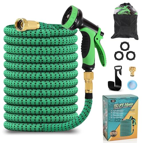 Mangueira de jardim extensível, mangueira de água flexível com de pulverização de 10 funções e conectores de latão de 3/4" Garden Hose com para lavagem de carro, pátio e animais de estimação (50