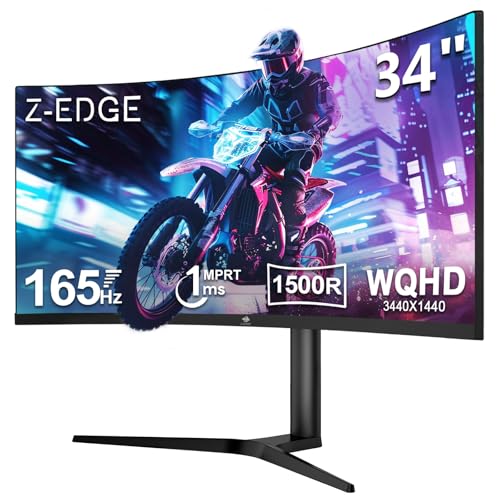 Z-Edge Monitor Gaming Curvo 34', 165Hz, 3440 x 1440, 1 ms MPRT, altura e inclinação ajustáveis, ecrã ultra largura 21:9 com cabo DP, AMD FreeSync, 1500R VA, 2 * HDMI2.00 & 2* D P1,4, RGB, VESA 100 x