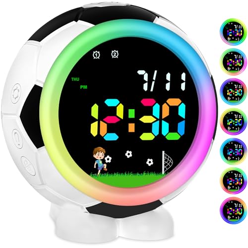 Ayybboo Futebol relógio despertador criança, relógio despertador digital infantil com função Snooze, luz noturna, 6 tons, alarmes duplos, sistema 12/24 horas