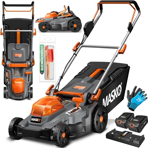 MASKO® Corta-relvas com função de cobertura morta, inclui 2 x baterias de iões de lítio de 4 anos e carregador duplo, largura de corte de 43 cm, 6 posições de 25 a 75 mm, altura regulável, 55 l até
