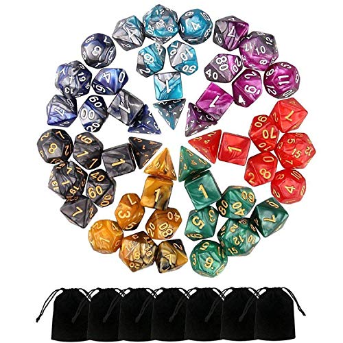 MONUARY 49 peças Dados de RPG De RPG, Dado Poliédrico e RPG de jogos para Dungeons & Dragons com 7 peças de malas, 7 conjuntos de RPG DND MTG D4/D6/D8/D10 (0-9 e 00-90)/D12/D20
