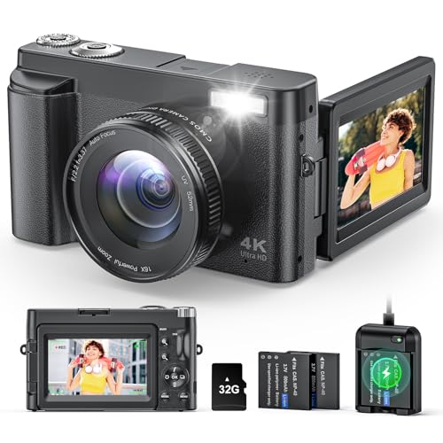 Câmara digital, câmara de fotos HD 4K 48MP Zoom 16X, câmara fotográfica selfie com foco automático, flash incorporado com 2 baterias, Scheda da 32 GB, 1 carregador de bateria