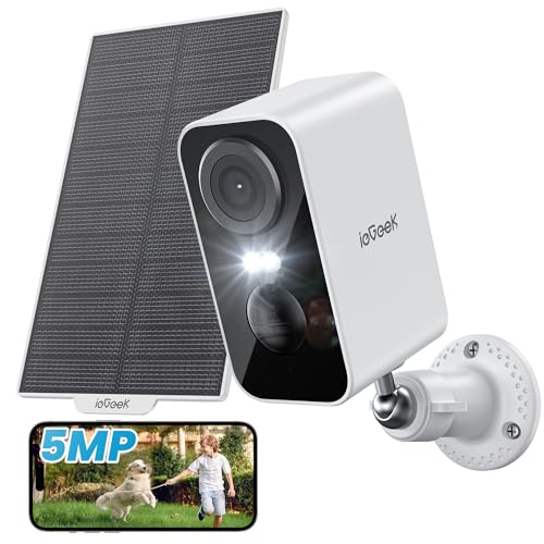 ieGeek 5MP Câmara de vigilância WiFi exterior solar, câmaras de vigilância sem cabos, bateria incorporada, visão noturna colorida, deteção de movimento humano PIR, áudio de 2 vias, compatível com