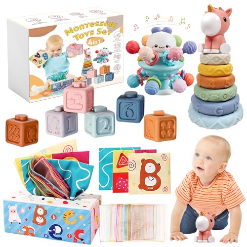 Brinquedos bebés 6-12 meses, 4 em 1 brinquedos Montessori 1 ano - 3 anos, brinquedos sensoriais, brinquedos de empilhar e encaixar, Montessori 6 a 12 meses, presentes para bebés em aniversários e