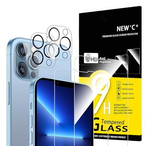 NEW'C 4 pacotes, 2 x protetor de ecrã para iPhone 13 Pro Max e 2 x protetor de ecrã protetor de lente de câmera, vidro temperado - anti-riscos, ultra resistente - vidro dureza 9H