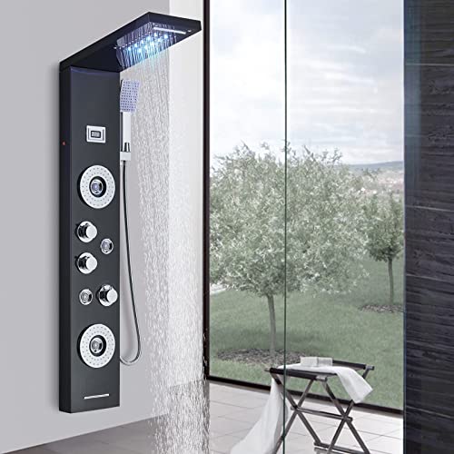 Painel de chuveiro coluna de chuveiro de hidromassagem preto para casa de banho com cabeça de chuveiro LED sistema de chuveiro de saída de água multifuncional em aço inoxidável