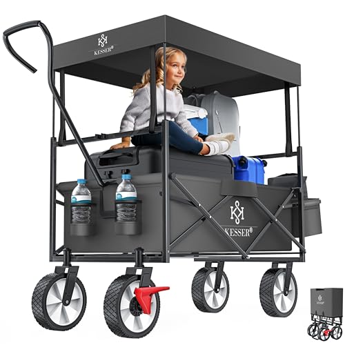 KESSER® Carrinho dobrável com teto Incl. Capa | Carrinho de jardim com 2 bolsos de rede e um exterior com travão na roda dianteira, rodas de borracha, até 100 kg de capacidade