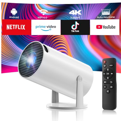 Projetor portátil suporte 4K, 1080p Mini projetor portátil com WiFi6 Bluetooth 5.0, 220° Rotação Android11.0, projetor inteligente, projetor de cinema em casa para HDMI/TV Stick/USB/Laptop