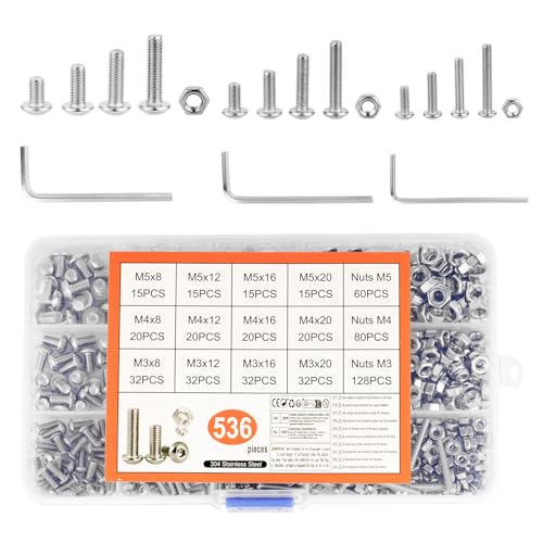 536 peças parafusos M3 M4 M5, parafusos de cabeça oca hexagonal cilíndrico e porcas, parafusos de cabeça redonda hexagonais de aço inoxidável com porcas para reparação máquinas e 3 chaves