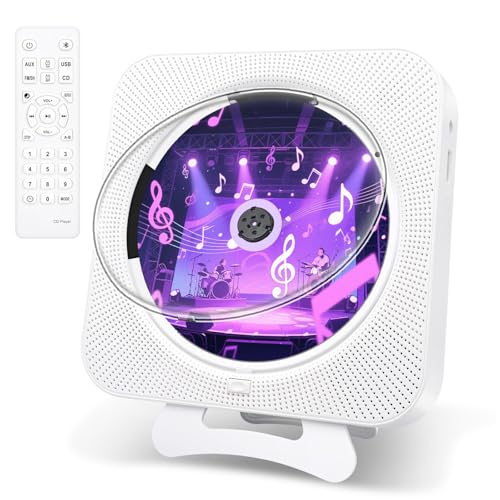 Canareen Leitor de CD portátil Bluetooth, leitor de CD com ecrã LCD, cobertura antipoeira, música leitor com altifalantes duplos, rádio FM, com suporte de reprodução USB/AUX, branco