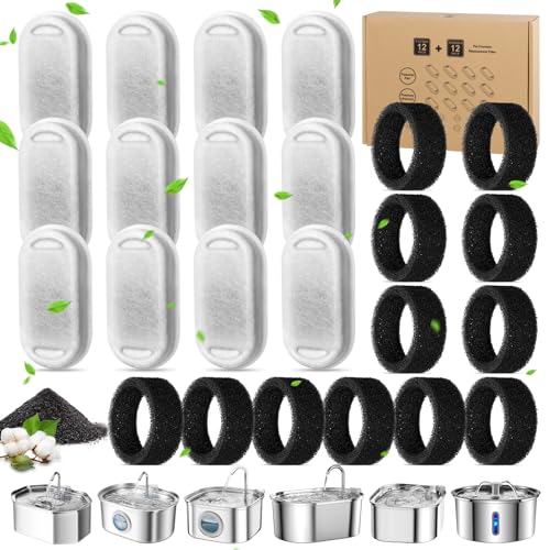 JAMATA Filtros para fonte de gatos 12 + 12 peças - 12 de carbono ativado 12 esponjas, sistema de filtragem tripla, compatível com fontes de 3,2 l e 2 l, ideal para água limpa para animais de estimação